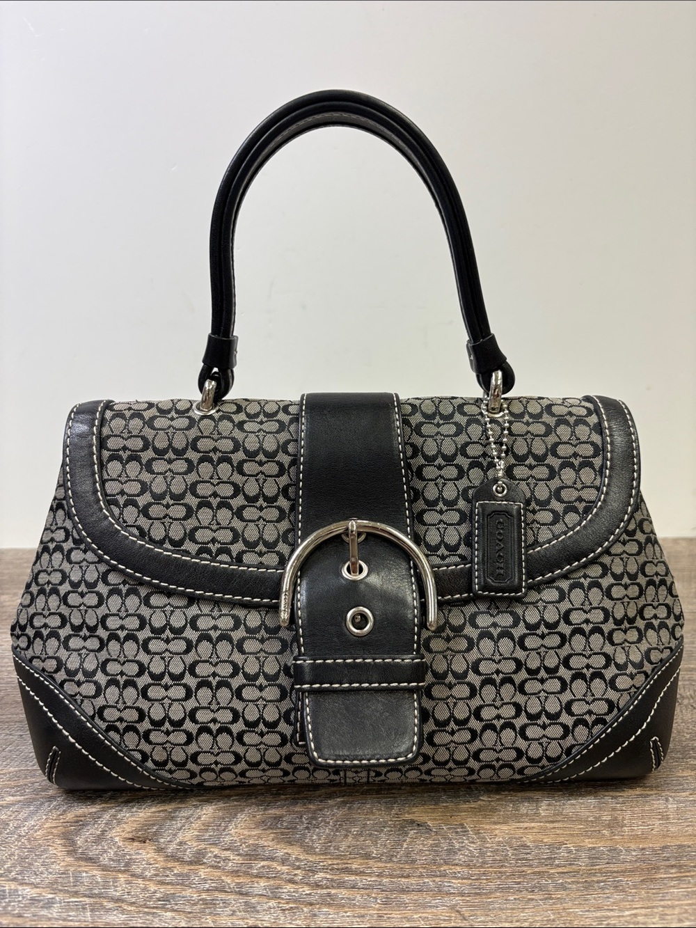 Coach Soho Signature Jacquard Buckle Flap Shoulder Bag Black & Gray Leather Trim